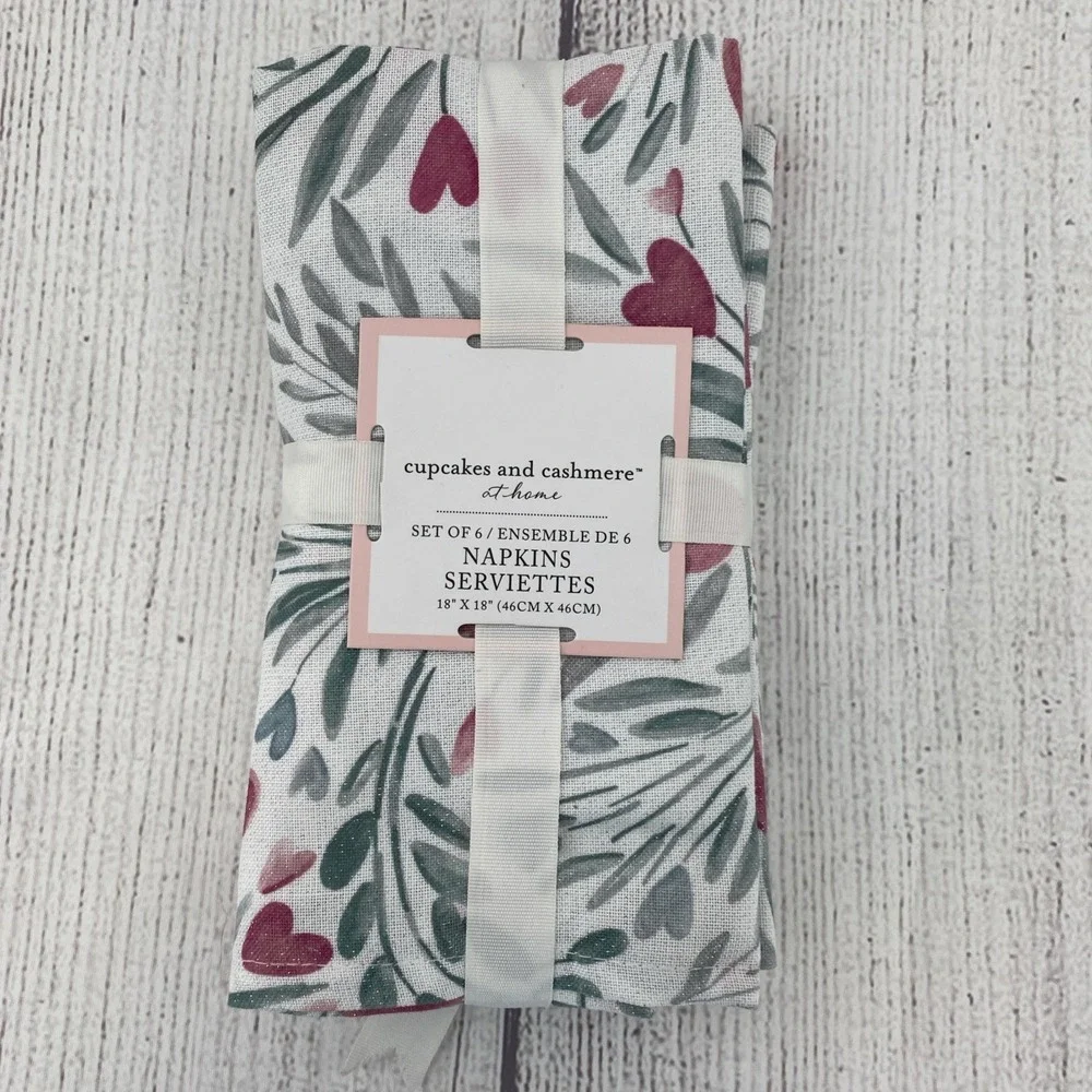 Cupcakes and Cashmere Napkins (Set of 6) White Pink Metallic Heart Valentines